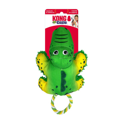 KONG Cozie Tuggz Alligator - plush crocodile with rope, squeaky toy for dogs.
