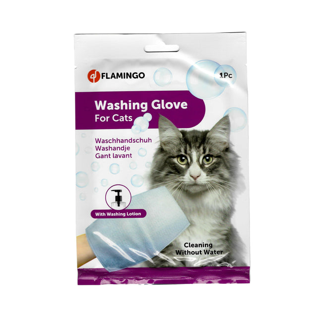 Flamingo Cat Washing Glove - waterless washing glove infused with balm for cat grooming.