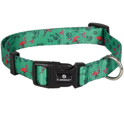 Flamingo Collar Samar - colorful adjustable dog collar, flamingo pattern, leaves.