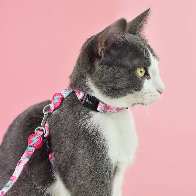 Dashi Flamingo Cat Harness + Leash - harness and leash set for cats, flamingo pattern.