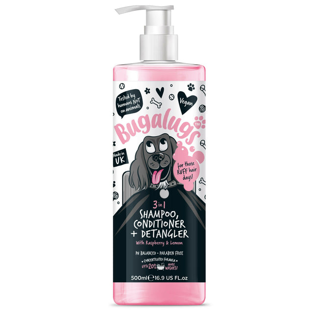 Bugalugs 3in1 Shampoo Conditioner & Detangler - shampoo, conditioner, and detangler for dogs, with a raspberry and lemon scent.