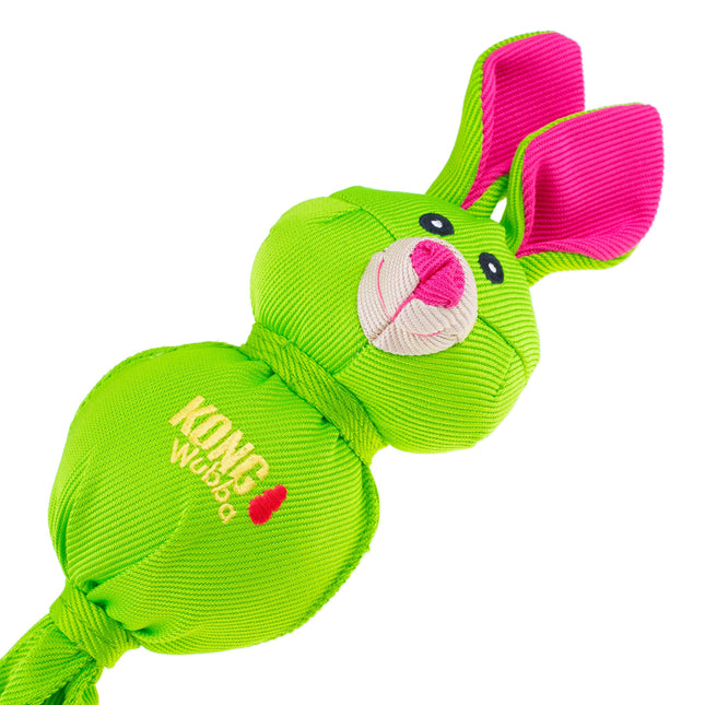 KONG Wubba Friends Ballistic Rabbit - dog tug toy with tails, ball inside, and squeaker.