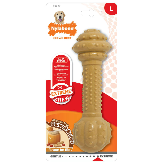 Nylabone Extreme Barbell Peanut Butter Chew - durable chew toy for larger dogs, flavored with peanut butter.