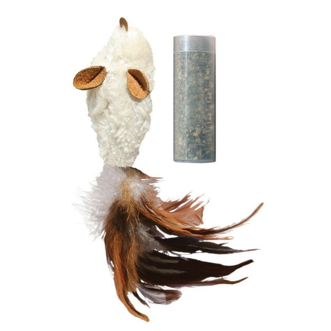 KONG Cat Refillables Catnip Feather Mouse - plush mouse for cats with feathers, with a supply of catnip.