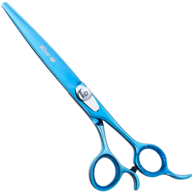 Geib Kiss Silver Blue Straight Scissors - high-quality straight scissors with micro-serration and blue finish.