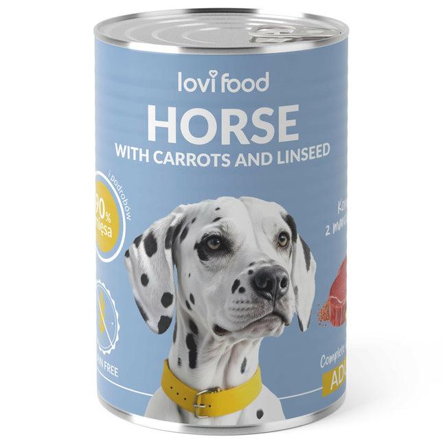 Lovi Food Horse with Carrots and Linseed - wet food for dogs, with horse meat, carrots, and linseed.