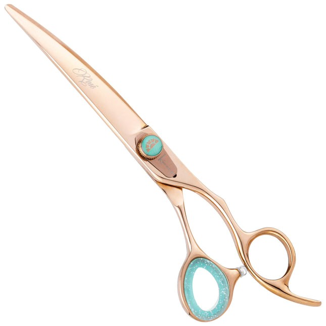 Kenchii Rose Offset Curved Scissors - rose gold grooming scissors, curved, with micro-serration.