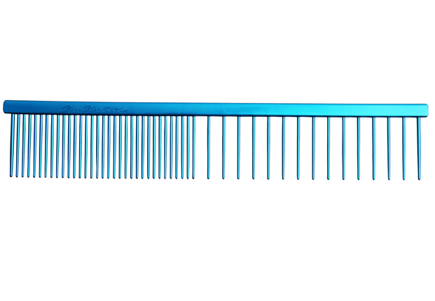 Chris Christensen Fine/X - Coarse Comb - professional metal comb with mixed tooth spacing, blue.