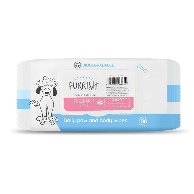 Furrish Fragrance-Free Bath Wipes 100 pcs - wipes for cleaning the paws and fur of sensitive puppies and dogs, unscented.
