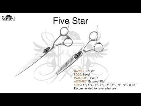Kenchii Five Star Offset Left Curved Scissors - grooming scissors for left-handed users, curved, offset.