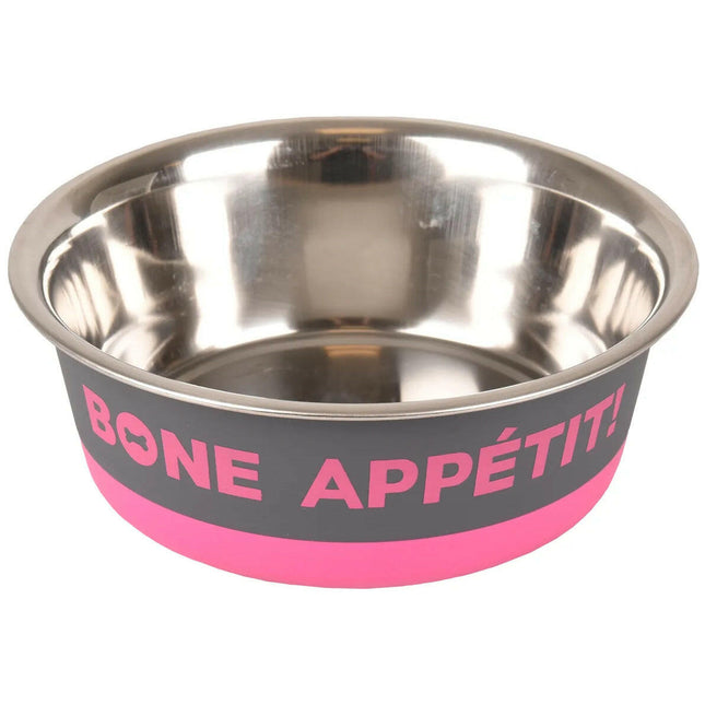 Flamingo Bone Apetit Pink Bowl - stainless steel bowl for dogs and cats with a non-slip base.