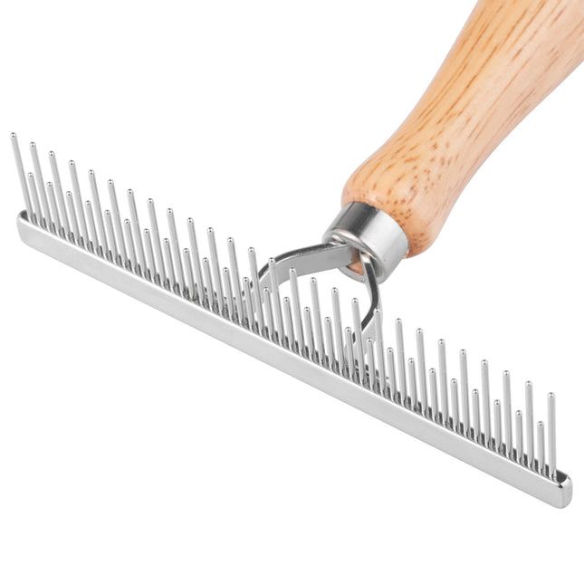 Miranda slicker brush, cross comb with mixed tooth spacing, wooden handle.