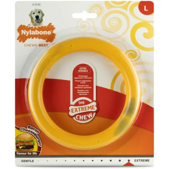 Nylabone Bacon Cheeseburger Extreme Ring Chew - durable chew ring for dogs, flavored with cheese and bacon.
