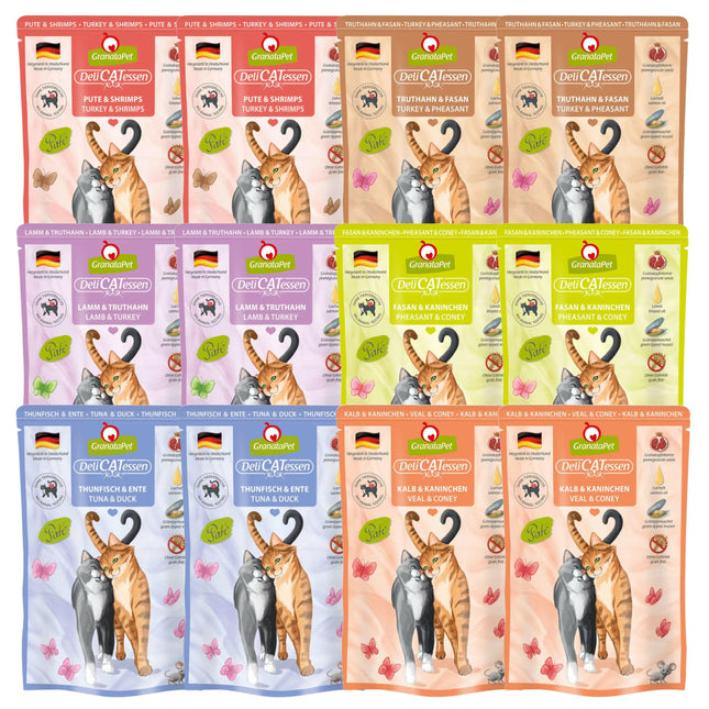 GranataPet DeliCatessen Pouch Food Set - Grain-Free Wet Cat Food, Mix of 6 Flavors, Set of 2.