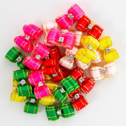 Blovi Bows Lux 25 pcs - elegant, colorful bows with golden thread and a rhinestone, on an elastic band, for dogs.