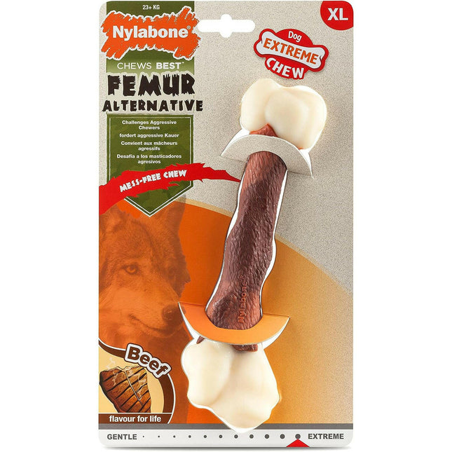 Nylabone Extreme Femur Beef - chew toy shaped like a real bone for dogs, infused with beef flavor.