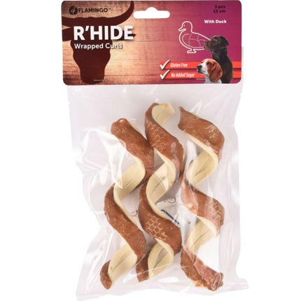 Flamingo R'hide Curls Duck - dog treats, twisted beef hide with duck.