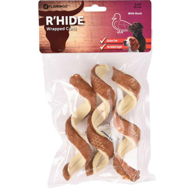 Flamingo R'hide Curls Duck - dog treats, twisted beef hide with duck.