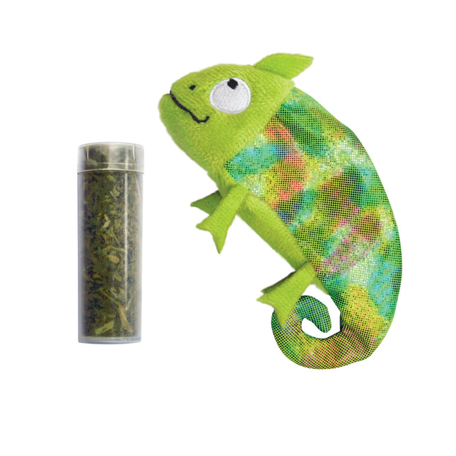 KONG Cat Refillables Catnip Chameleon - cat toy with catnip, shiny chameleon with a supply of catnip.
