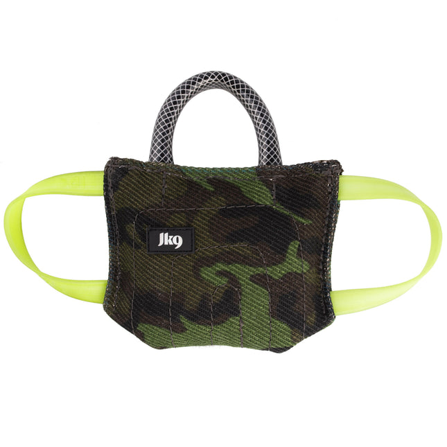 Julius - K9 Cotton Bite Pad - strong cotton tug toy for dogs, with three handles, camo pattern.