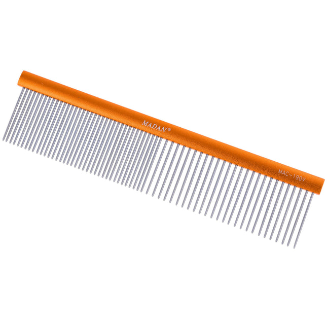 Madan Professional Light Comb 19cm - professional, lightweight comb with an aluminum handle and mixed tooth spacing, pins - Color: Orange.