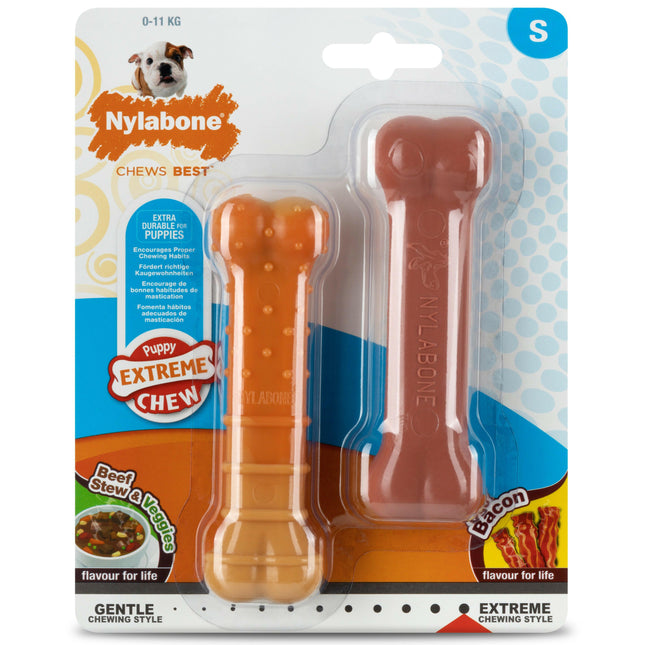 Nylabone Extreme Puppy Twin Pack - chew toys for puppies, with the flavor of vegetable and bacon stew.