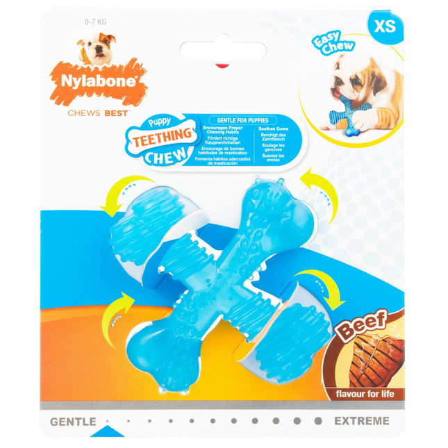 Nylabone Beef Puppy X Shaped Chew XS - flexible chew toy for puppies, beef flavor.