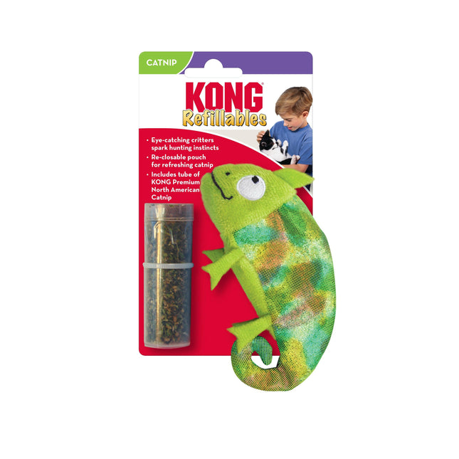 KONG Cat Refillables Catnip Chameleon - cat toy with catnip, shiny chameleon with a supply of catnip.