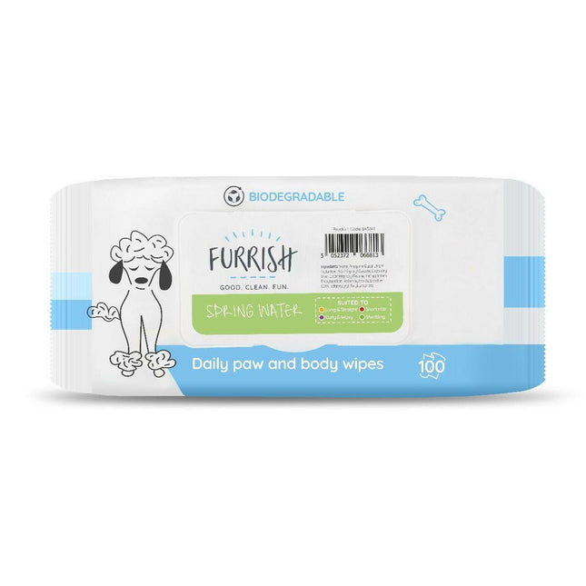 Furrish Spring Waters Bath Wipes 100 pcs - cleaning wipes for dogs' paws and fur, with a gentle, fresh scent.