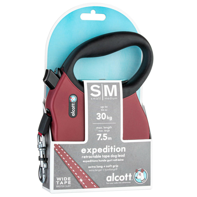 Alcott Expedition Retractable Leash 7.5m Red - long automatic leash for dogs, red.