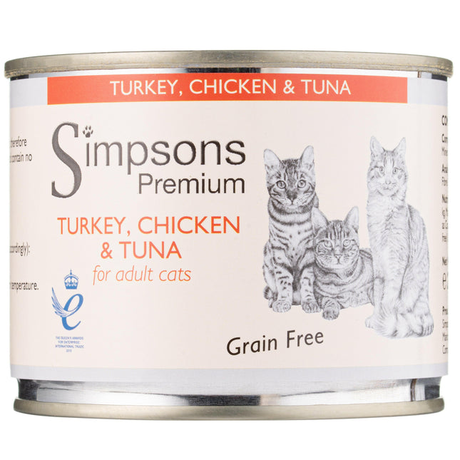 Simpsons Premium Cat Turkey, Chicken & Tuna - grain-free wet food for cats, turkey, chicken, and tuna.