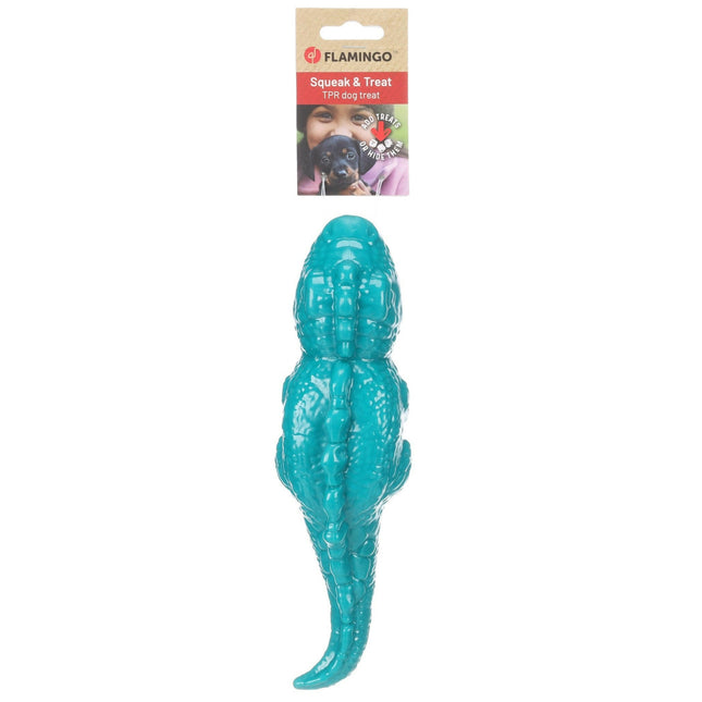 Flamingo Iguana Dog Toy - rubber lizard for dog treats, with a squeaker.