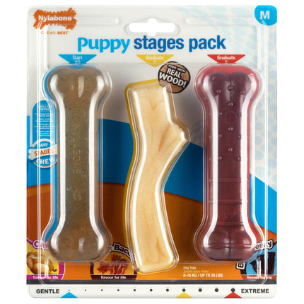 Nylabone Puppy Chew Stages Pack - safe chew toys for puppies, various hardness levels and flavors.