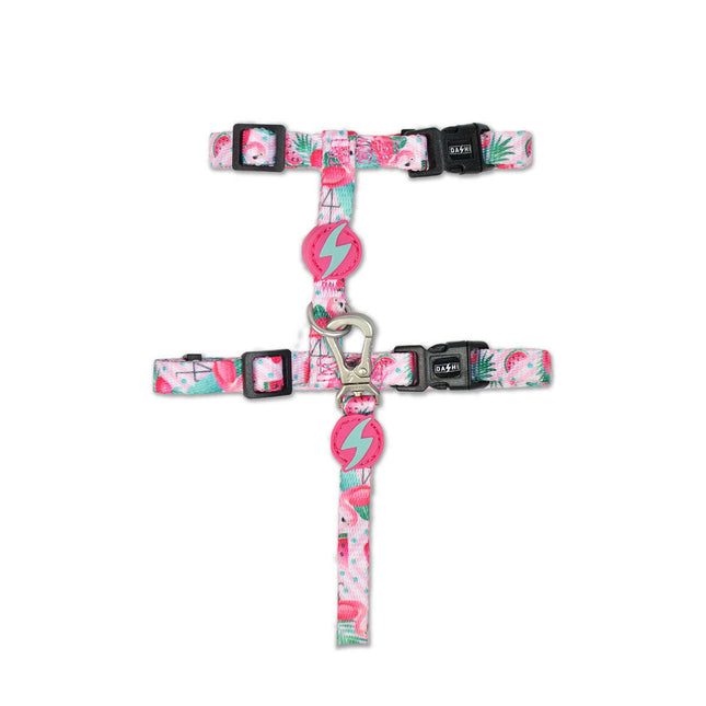 Dashi Flamingo Cat Harness + Leash - harness and leash set for cats, flamingo pattern.